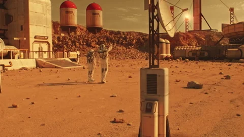 Two astronauts walk on Mars surface on research station Stock Footage 247089309