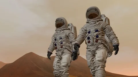 Two Astronauts Wearing Space Suit Walking On The Surface Of Mars. Stock Footage 111730660