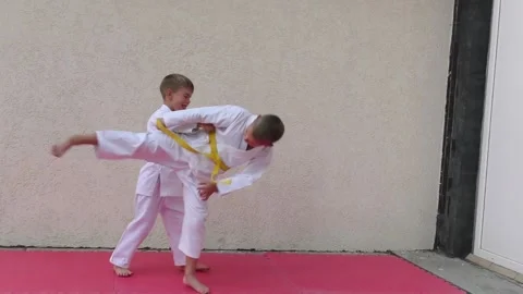 Two athletes doing paired punching and kicking exercises Stock Footage 161873071