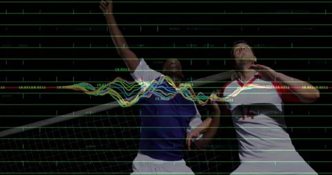 Two athletes leaping near net in sports tech gym, overlaying waveform graphs and Stock Footage 327958403