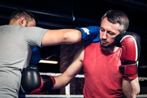 Two athletes sparred in the ring Stock Photos