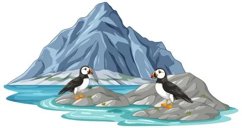 Two Atlantic Puffins Standing on Rocks Near a Large Mountain Stock Illustration