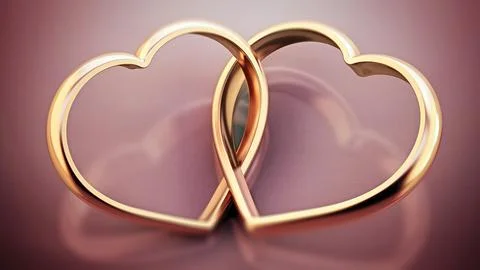 Two attached heart shaped rings standing on pink background. 3D illustration Stock Illustration