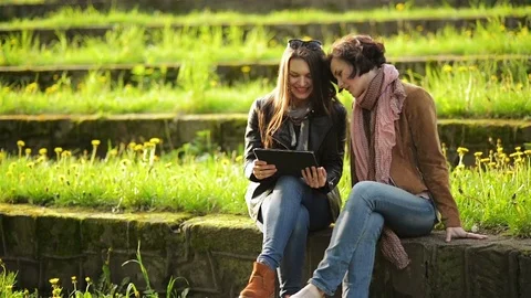 Two Attractive Girls are Using Tablet Outdoors Sitting in the Park. Female Stock Footage 75604166
