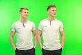 The two attractive twin stand on the green background Photo