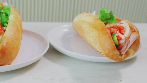 Two authentic Vietnamese banh mi sandwiches served on plates Stock Footage 340184249