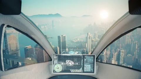 Two autopilot taxi drones flying above big city center at the sunrise. POV Stock Footage 172434747