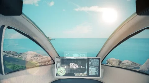 Two autopilot taxi drones flying above a sea close to tropical island. POV Stock Footage 211005336