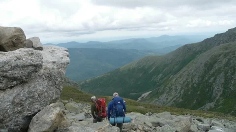Two Backpackers on Mountain Summit with Amazing View 스톡 동영상 52226483