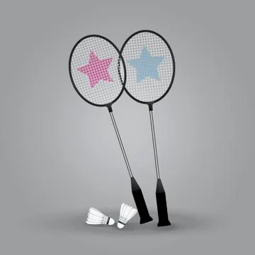 Two badminton rackets with shuttlecock on gray background. Stock Illustration