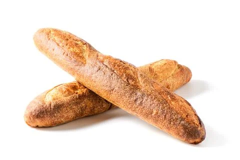 Two baguette isolated on white background, home made bakery Stock Photos