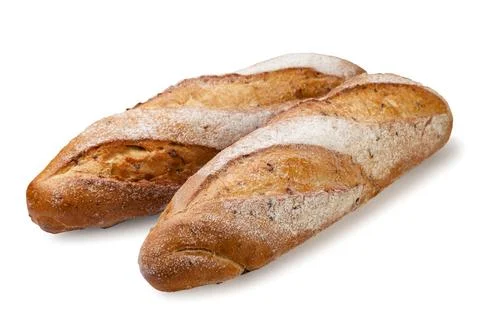 Two baguettes of bread on a white background. Isolated Stock Photos