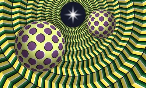 Two ball flying to star through a cylindrical tunnel optical illusion Stock Illustration