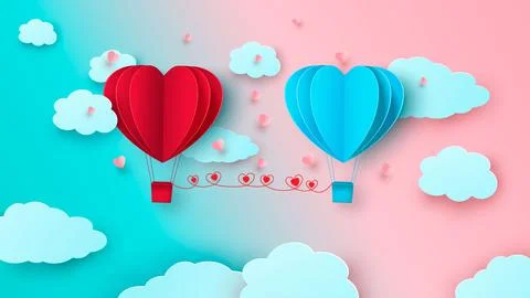 Two balloons in the form of hearts on the background of the sky with clouds Stock Illustration