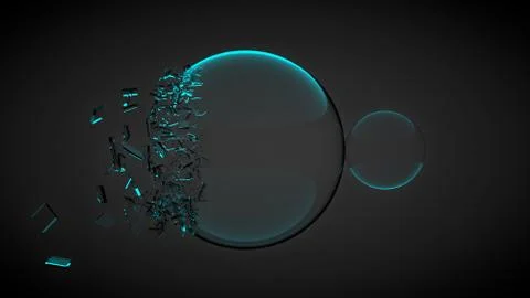 Two balls, one of them broken, with splinters. With blue light. 3D render Stock Illustration