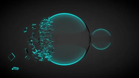 Two balls, one of them broken, with splinters. With blue light. 3D render Stock Illustration
