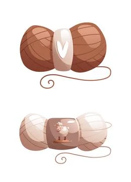 Two balls of white and brown wool. on one ball is a picture of a cute lamb. D Stock Illustration