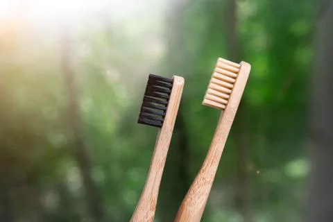 Two bamboo toothbrushes close-up on a background of nature Stock Photos