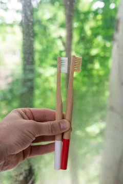 Two bamboo toothbrushes in hand made of natural material. eco friendly. Stock Photos