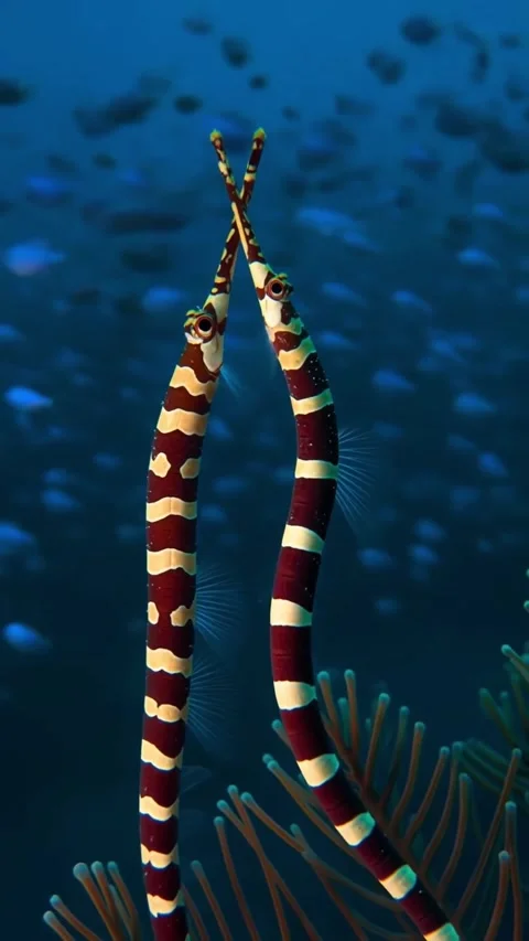 Two banded pipefish meet in the deep blue sea 库存影片 333824719