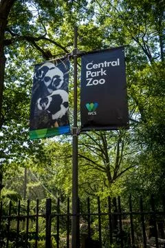 Two banners hang from a pole, one reading "Central Park Zoo" Foto stock