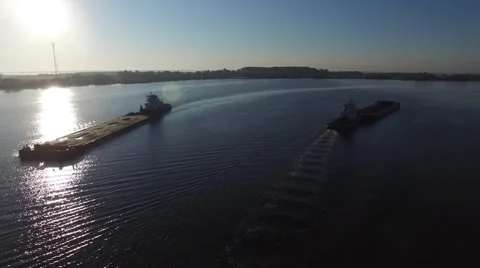 Two barge floating in the river at dawn. Aerial view. 스톡 동영상 64805765