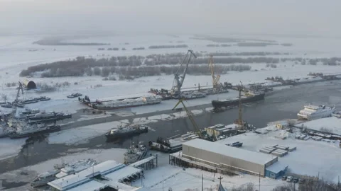 Two barges are passing the boat station Stock Footage 148279215