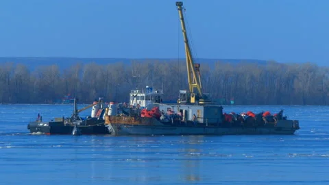 Two barges float on the river Stock Footage 91297120