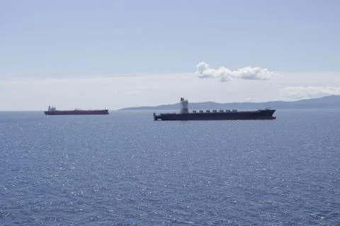 Two barges move to port Stock-Fotos