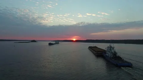 Two barges on the river floating towards each other. Aerial view. Stock Footage 64803141