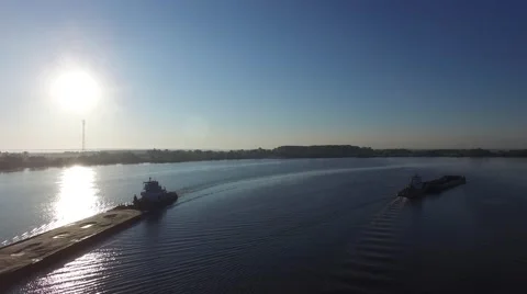 Two barges on the river floating towards each other. Sunrise. Aerial view. 스톡 동영상 64806075