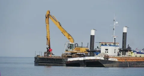 Two Barges At The Sea Aggradation Of Soil Creation Of Dam Groynes Building Stock Footage 54241699