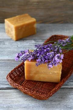 Two bars of soap and lavender, hygiene 스톡 사진