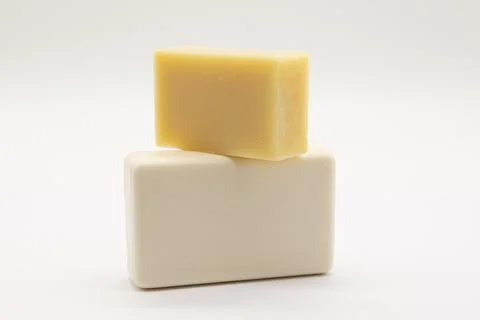 Two bars of soap rest against a clean, white background 写真素材