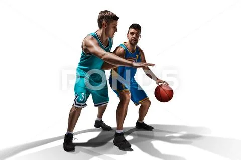 Two basketball players gameplay isolated on white Stock Photos