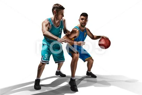 Two basketball players gameplay isolated on white Stock Photos