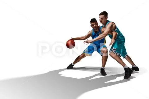 Two basketball players gameplay isolated on white Stock Photos