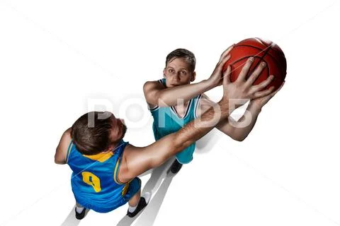 Two basketball players gameplay isolated on white Stock Photos