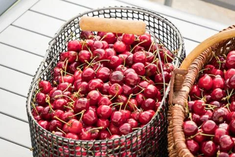 Two baskets filled with beautiful red cherries on a garden table Stock Photos