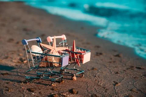 Two baskets full of shells and other marine souvenirs. The concept of a ban on Stock Photos