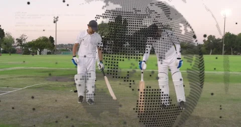 Two batsmen preparing with bats in cricket practice as bowler running, dotted Stock Footage 323354333