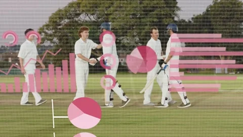 Two batsmen walking off cricket pitch after handshake, pink charts expanding and Stock Footage 333528950