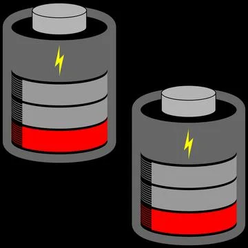 Two battery cells low loaded with red status bar Stock Illustration