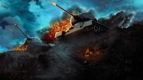 Two battle tanks in a hot flame Stock Illustration