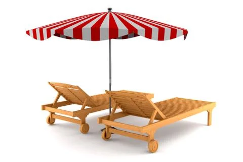 Two beach chairs and umbrella isolated on white background with clipping path Stock Illustration