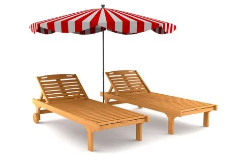 Two beach chairs and umbrella isolated on white background with clipping path Stock Illustration