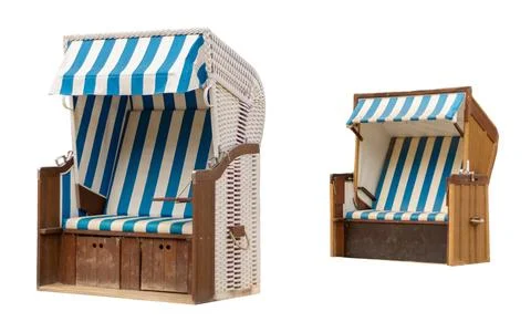 Two beach chairs are placed on a white background. Each chair features a dist Stock Photos