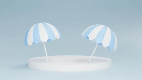 Two beach umbrellas on a white pedestal on a blue background, a template for Stock Illustration