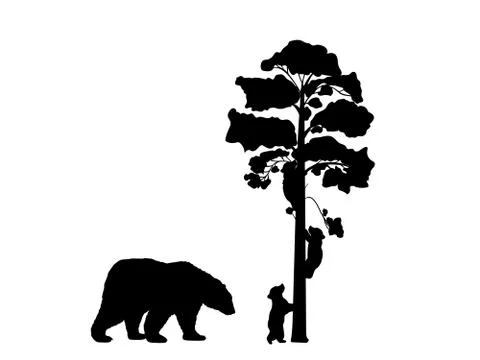 Two bear cubs climbing tree black silhouette animals Stock Illustration