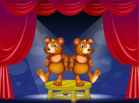 Two bears above the table performing at the stage Stock Illustration
